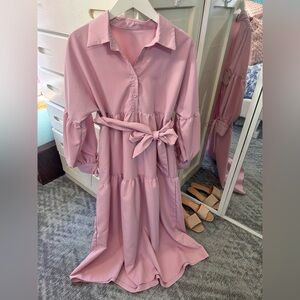 Classy Pink Bow Tie Waist Belted Long Sleeve Tiered Button Down Dress✨